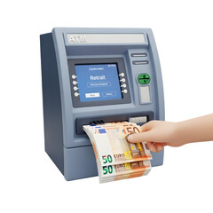 3d icon of a hand withdrawing euro banknotes from an atm machine, isolated on transparent background