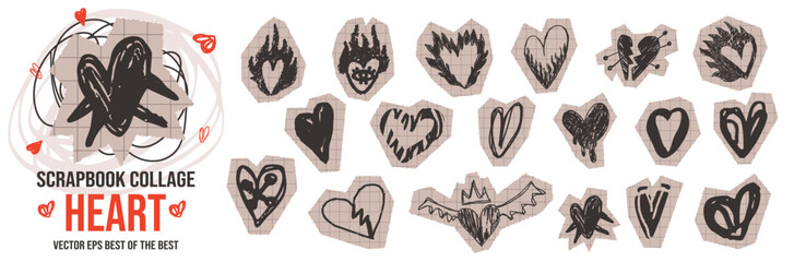 Scrapbook set with doodle heart scribble and paper cutout love collage.