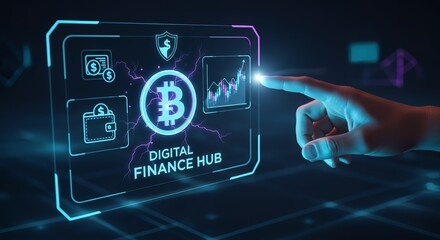 Finger touching digital finance hub interface with bitcoin and financial icons on screen