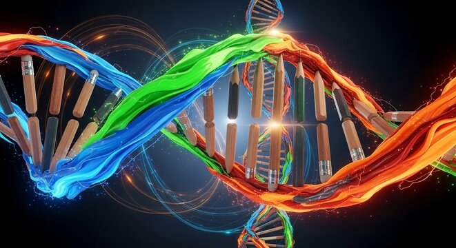 Colorful dna strand with pencils and paint flowing around it on a dark background art