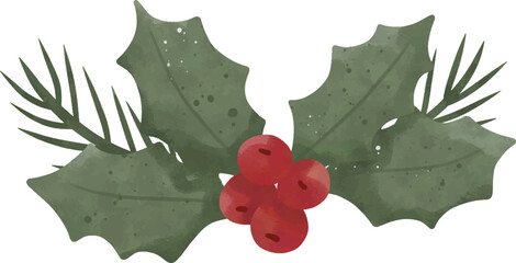 Watercolor Holly Leaves and Red Berries | Christmas Decoration Clipart