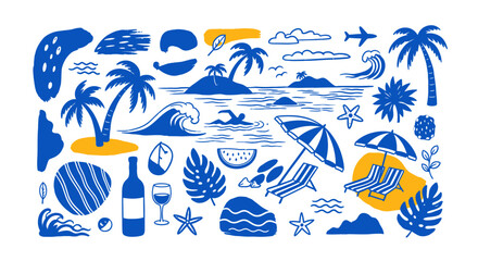 Naklejka premium Tropical Summer Vacation Essentials – Beach, Sun, Islands, Drinks, Palm Trees, Relax and Travel