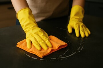 Hands in yellow gloves wiping a surface with an orange cloth, household cleaning routine