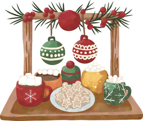 Watercolor Christmas Hot Cocoa and Cookies Clipart | Cozy Holiday Mug and Ornament Illustration