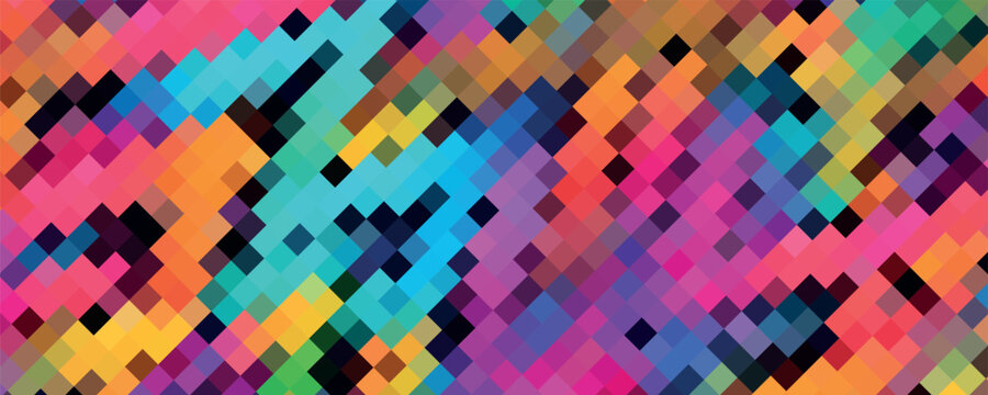 Set pixel mosaic textures with simple square particles. Vector illustration on black background.