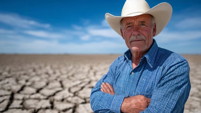 343Portrait of a resilient farmer standing on arid farmland, dry earth and sparse withered crops, heatwaves and sunlight emphasizing climate-induced challenges