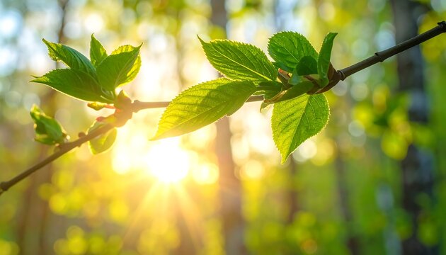 Close-up of leafy branch, sunlight illuminating fresh green leaves