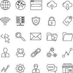 Essential web development icons for modern digital projects, showcasing global connectivity, secure data, and dynamic communication tools for innovative solutions