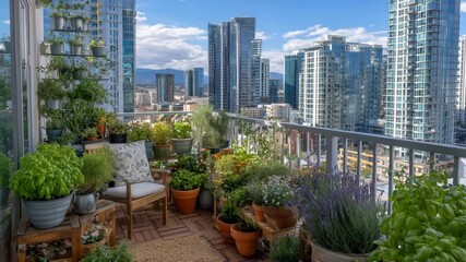 347Urban balcony filled with thriving potted herbs and plants, repurposed containers and vertical planters, city skyline visible in background - Powered by Adobe