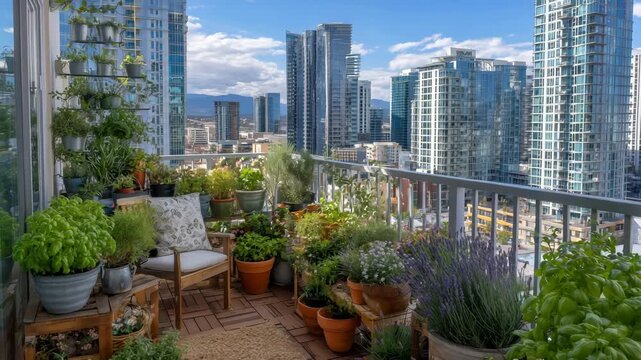 347Urban balcony filled with thriving potted herbs and plants, repurposed containers and vertical planters, city skyline visible in background