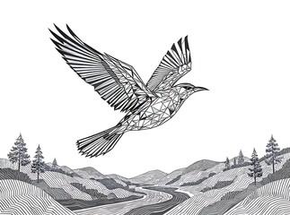 Detailed ink drawing of a bird flying over a stylized landscape