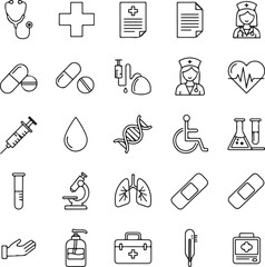 Explore this diverse collection of line art medical icons showcasing healthcare, treatment, and scientific research for professional design projects now