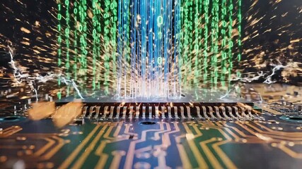 Digital data streams flowing into a high-tech circuit board, symbolizing innovation and technology. - Powered by Adobe