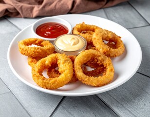Crispy Fried Onion Rings with Sauce for Premium Snack Food Object and Fast Food Concept