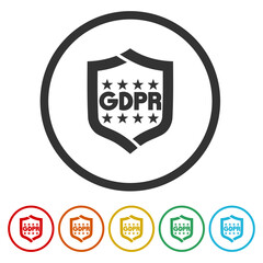 GDPR symbol icon. Set icons in color circle buttons