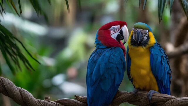 361Pair of macaws with vivid plumage perched on a twisted vine, tropical greenery in soft-focus background, dappled sunlight creating a lively jungle scene