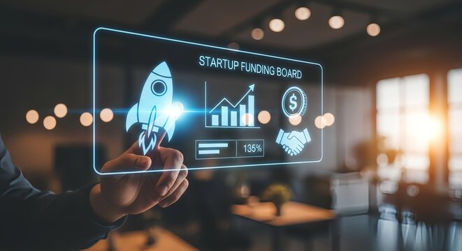Person interacting with startup funding board interface with rocket and graph icons