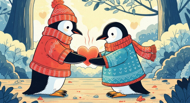 Penguin in sweater sharing love