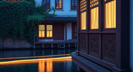 Obraz premium Wooden buildings illuminated by lights