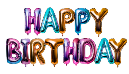 Happy Birthday 3D Holographic Balloon Letters – Shiny Metallic Iridescent Party Decoration on a Transparent Surface