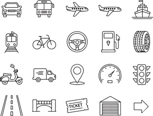 Explore transportation options with these line icons featuring cars, planes, trains, and more - perfect for travel apps, websites, and infographics!