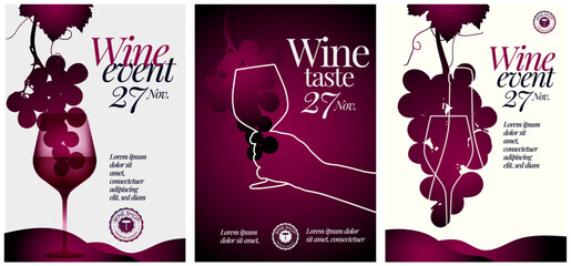 Wine event poster template set. Clean and elegant design for your wine designs. Vector illustration.