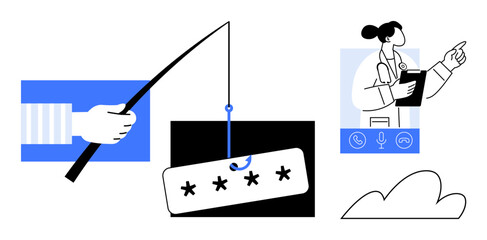 Hand holding fishing rod with password, doctor with clipboard on video call, cloud storage icon. Ideal for cybersecurity, phishing scams, online safety, healthcare, remote work, technology password © robu_s