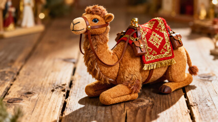 Plush decorative camel toy with saddle on wooden table for Epiphany  