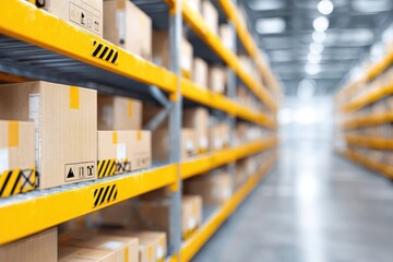 AI-driven supply chains concept. Clean and Organized Warehouse with Smart Storage Solutions and AI Technology for Efficient Inventory Management with Blurred Background