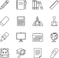 Outline icons of school supplies and learning tools for back to school projects or educational materials, perfect for a clean, modern design with a creative touch