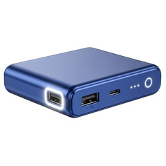 Fototapeta premium Blue portable power bank with U S B ports and indicator lights on black background icon 2025-2026 transparent isolated on white background png 4k full hd download