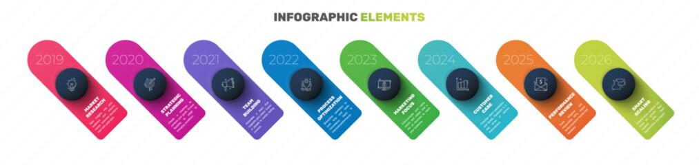 Business vector infographics with 8 circles and labels. Timeline visualization with eight steps for diagram, flowchart, banner, presentations, web, content, levels, chart, graphic