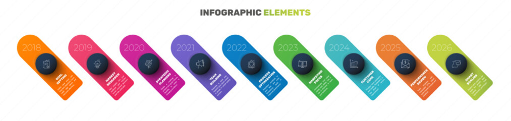 Business vector infographics with 9 circles and labels. Timeline visualization with nine steps for diagram, flowchart, banner, presentations, web, content, levels, chart, graphic