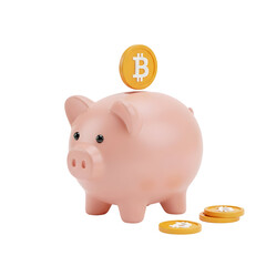 3d icon of pink piggy bank with bitcoin coin on top and scattered coins isolated on transparent background