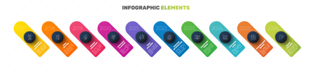 Business vector infographics with ten circles and labels. Timeline visualization with 10 steps for diagram, flowchart, banner, presentations, web, content, levels, chart, graphic