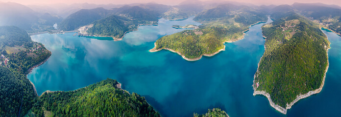 Aerial view showing Zaovine lake on Tara mountains in Serbia