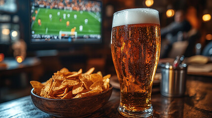 Enjoying snacks and cold beer while watching a soccer game Generative AI