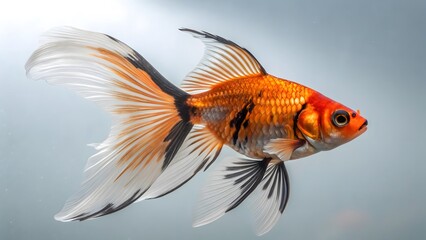Close up of a fantail goldfish swimming in a clear aquarium