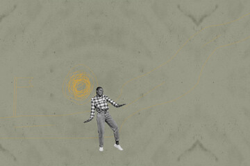 Naklejka premium Collage of energetic person jumping with playful cartoon doodles in creative whimsical concept illustration