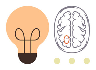 Light bulb symbolizing ideas, brain with focus area indicating thought processes. Ideal for innovation, creativity, problem-solving, neuroscience, education, mental health cognitive learning. Simple