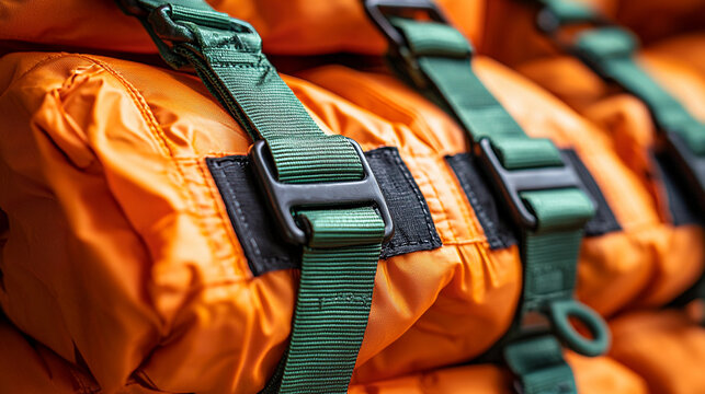Packed orange parachute secured with green straps for skydive Generative AI