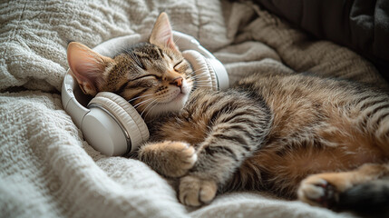Plakat Striped tabby kitten peacefully sleeps on soft blanket Generative AI