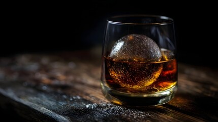 Amber whiskey in a glass with a large spherical ice cube on a dark wooden surface