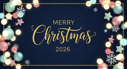 Merry Christmas 2026 with gold handwritten script on navy blue luxury background, soft bokeh lights, premium elegant greeting card.