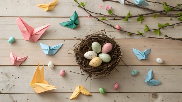 Origami butterflies and easter eggs in a nest on wood table