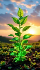 A digitally enhanced green tree stands amidst a sunlit rice field, its leaves illuminated by embedded circuitry patterns that convey the fusion of nature and technology.