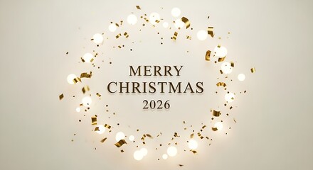 Minimal Merry Christmas 2026 background with beige tone, golden ornaments, elegant typography, soft bokeh, clean luxury layout for greeting card.