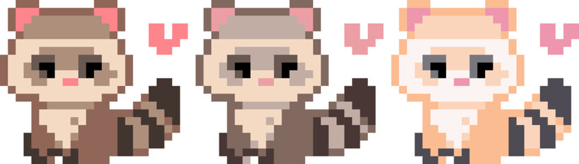 pixel illustration of cute raccoon emoji set