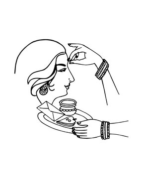 Indian Welcome Ceremony Line Art, Hand Applying Tika (Tilak) on Forehead - White / PNG background