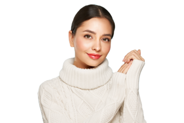 Portrait of young happy beautiful woman smiling and looking away, isolated on transparent background in a warm white sweater. Concept of winter promo sale